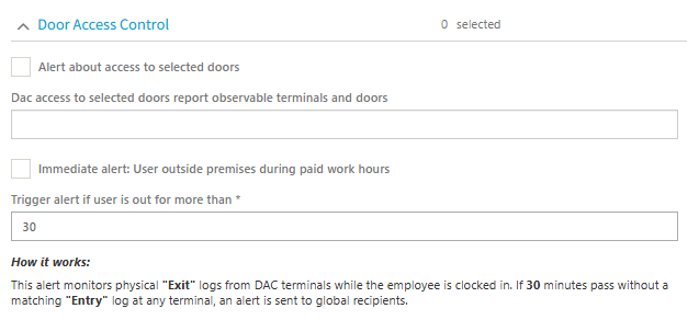 Immediate out-of-office alert settings in TimeClock 365 access control