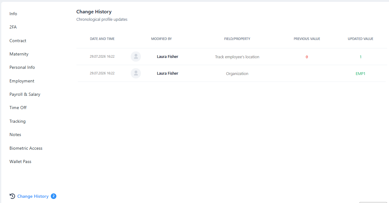 Change History log in TimeClock 365 user profile showing who modified which field and when