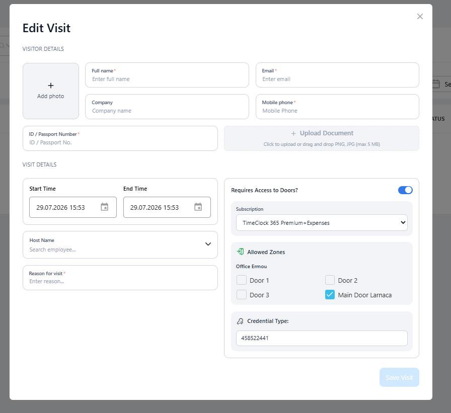Edit Visit dialog in TimeClock 365 showing door access control for visitors